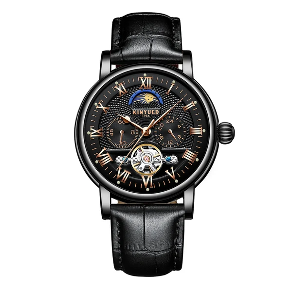 Excellent Maxbell KINYUED Skeleton Moon Phase Auto Mechanical Leather Watch Black Durable