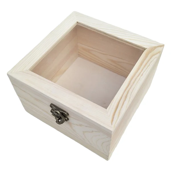 Advanced Maxbell Natural Plain Wooden Box Unpainted Wood Storage Case Glass Lid 18x18x7cm Fast