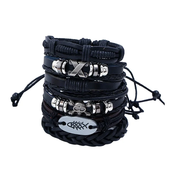 Classic Maxbell 6 Pieces Leather Bracelet Braided Wristband Mens Punk Jewelry Skull Black 1 Superior