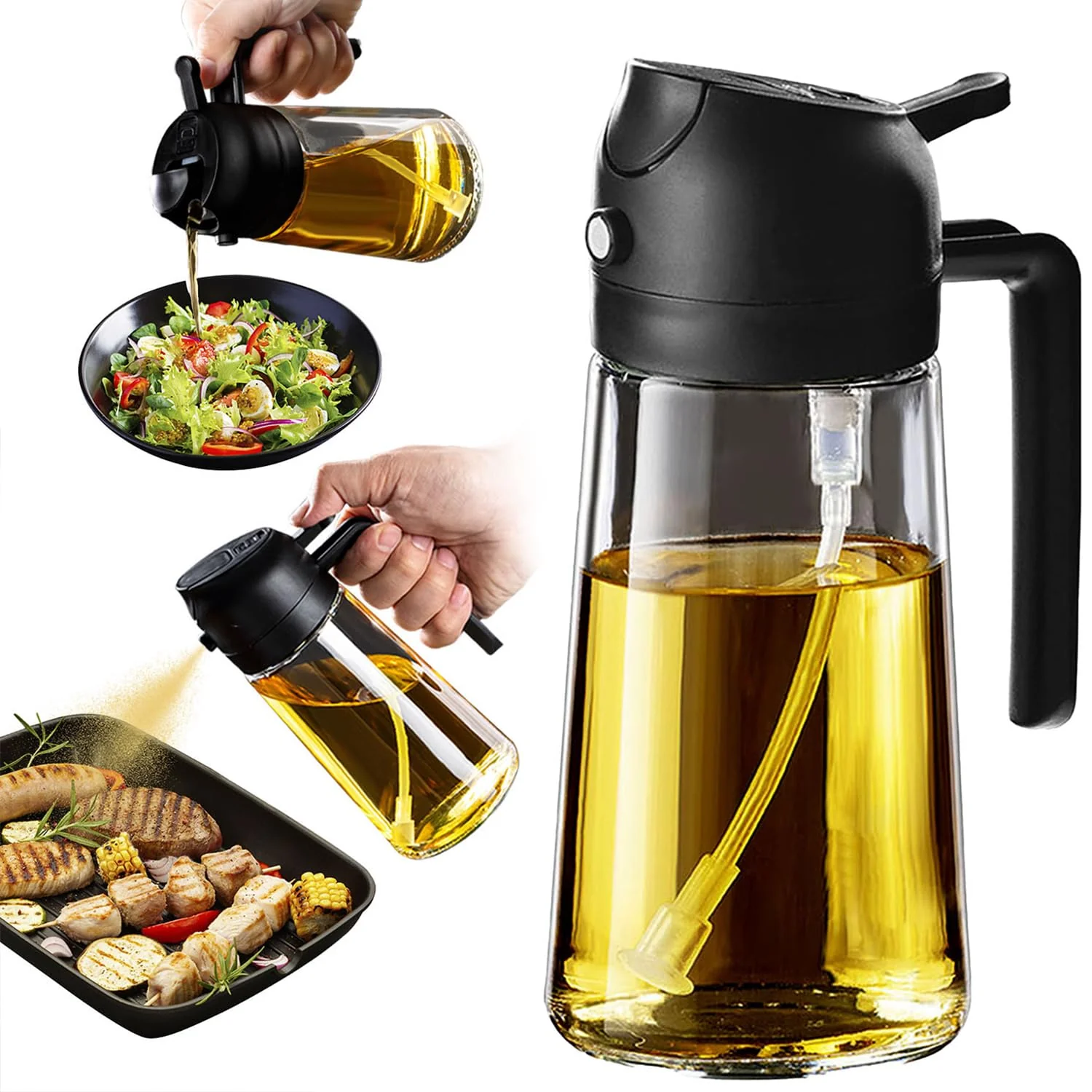 Luxury TrendPlain 16oz Glass Olive Oil Sprayer – 2-in-1 Dispenser Bottle for Cooking Air Fryer Salad BBQ – Black Stylish