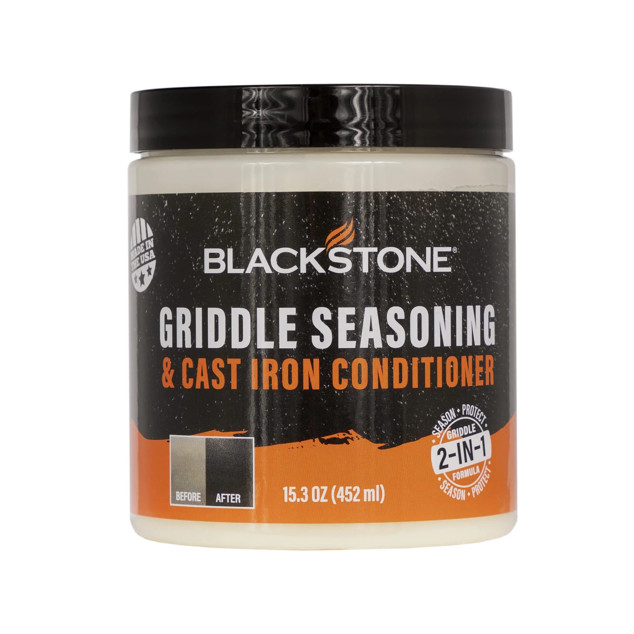 Minimalist Blackstone 4146 Griddle Conditioner Kit – 2-in-1 Cast Iron Seasoning Oil for Grill Skillet Dutch Oven – 15.3oz Plant-Based Enhanced
