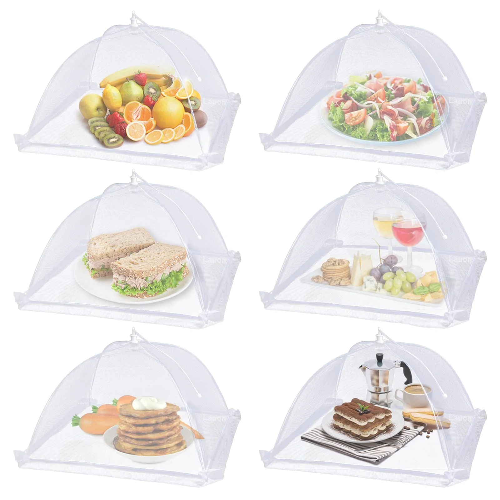 Refined Lauon 6-Pack Large Mesh Food Covers – 17 x17 Pop-Up Tents White Nylon Umbrella Screens for Outdoor BBQ Picnics Camping Parties Environmentally Friendly
