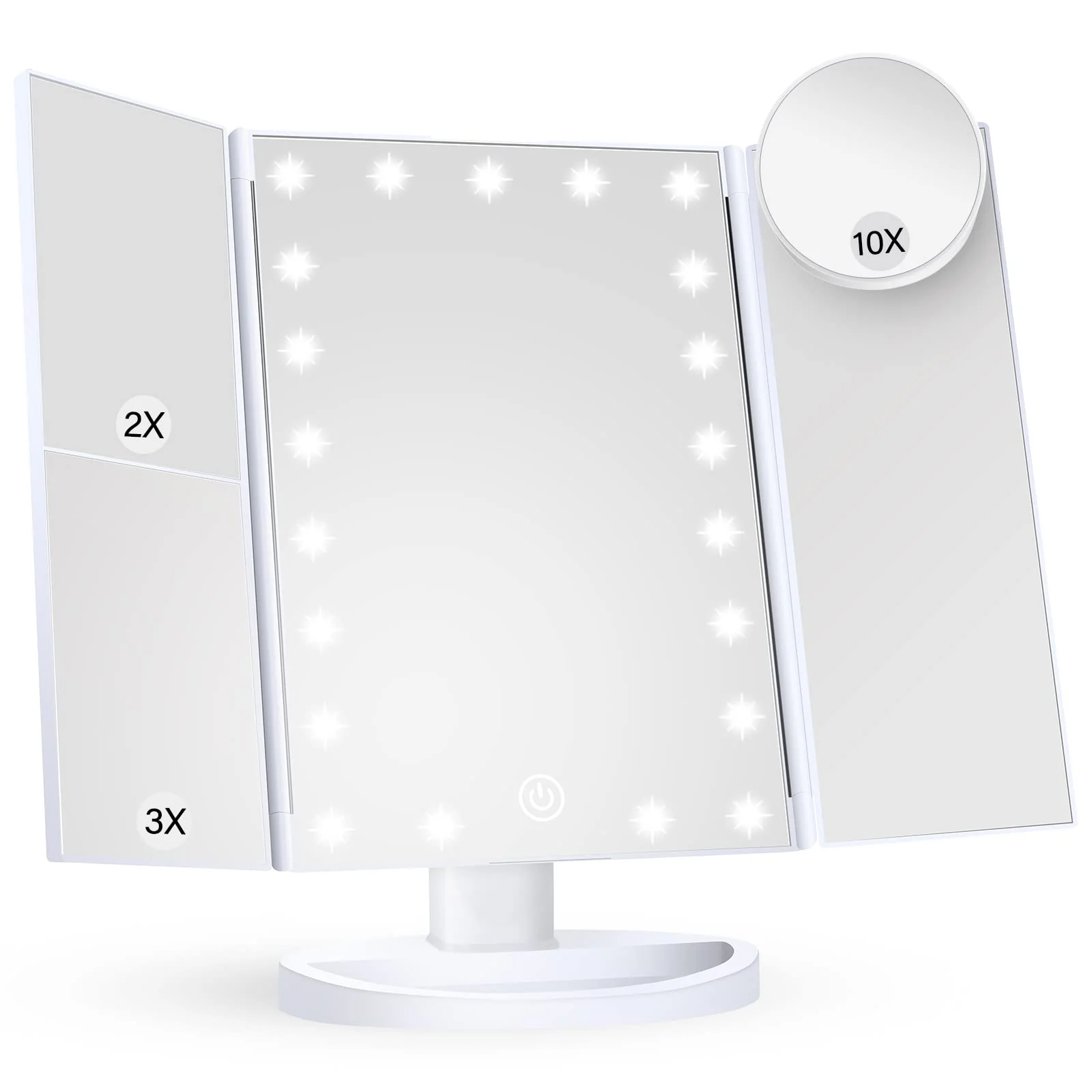 Traditional HUONUL Lighted Makeup Vanity Mirror – 2X 3X 10X Magnification Touch Control Trifold Design White Modern Style Breathable