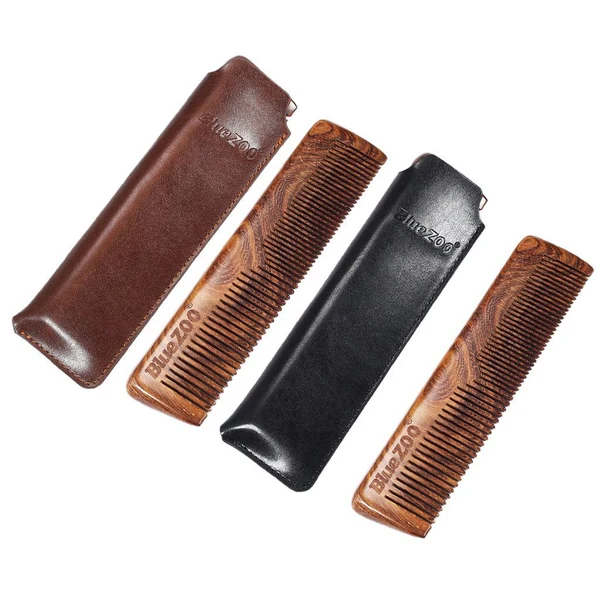 Traditional Dual Use Anti-static Wooden Beard Comb Mustache Hair Comb with PU Bag Black Reusable