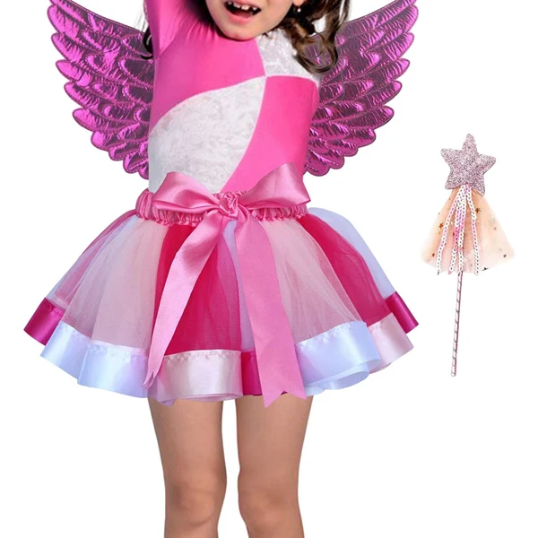 Traditional Maxbell Girls Fairy Costume Set with Wing and Wand for Photography Prop Role Play Pink Secure