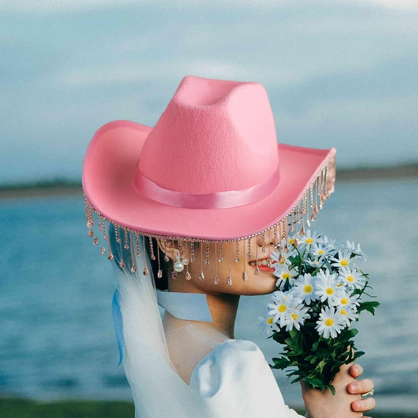Classic Maxbell Bridal Cowgirl Hat Cowboy Hat Lightweight for Cosplay Photo Props Pink Secure