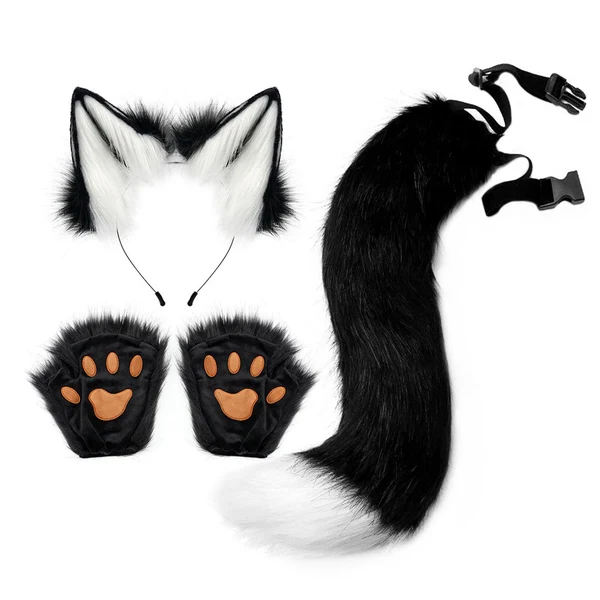 Comfortable Maxbell 4x Plush Ears and Tail Set Anime Cosplay Gloves for Dance Women Carnival white black Innovative