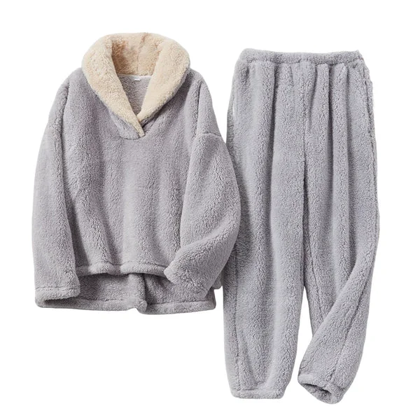 Sustainable Maxbell 2Pcs Warm Flannel Pajama Loungewear Lady Loose Top Thick Cozy Grey L Healthy