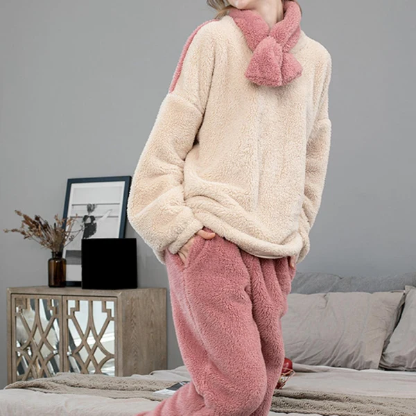 Classic Maxbell 2Pcs Women Pajamas Set Fleece Sleepwear Plush Loose Long Sleeve beige L Detailed