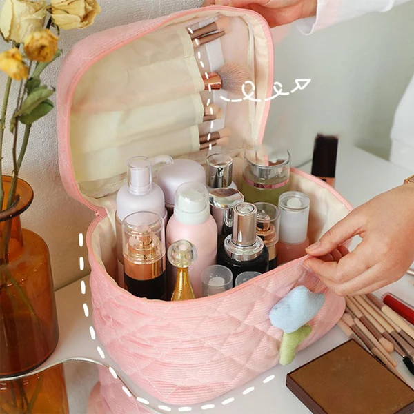 Original Maxbell Fashion Cosmetic Bag Pouch Organizer Zipper Corduroy Toiletry Bag pink Optimized