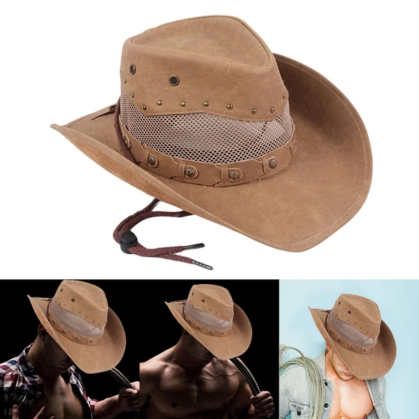 Advanced Maxbell Western Cowboy Hat Wide Roll up Brim Hombre Caps Fashion Sombrero PU Leather Mesh Exclusive