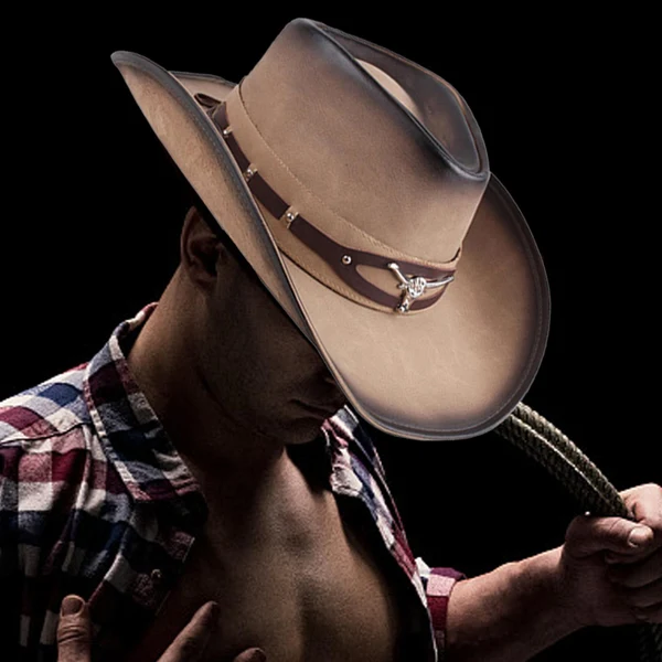 Original Design Maxbell Western Cowboy Hat Wide Roll up Brim Hombre Caps Fashion Sombrero PU Leather Brown Exclusive
