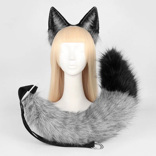 Detailed Maxbell Fox Ears and Tail Set Anime Cosplay Headwear for Role Play Holidays Dress up Gray Healthy
