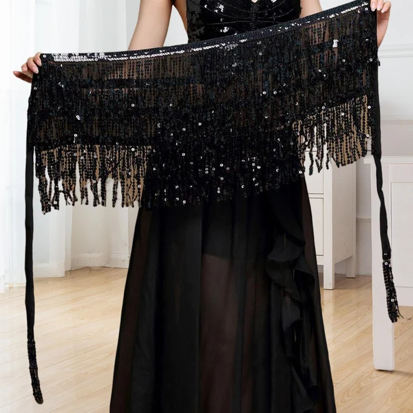 Excellent Maxbell Belly Dance Skirt Belt Sequined Tassel Costume for Performance Party Rave Black Breathable