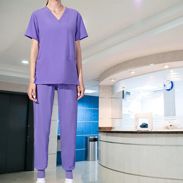 Luxury Maxbell Uniform Scrub Set Top and Pants V Neck Unisex Solid for Women Center Purple M Authentic