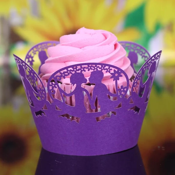 Authentic Maxbell 12Pcs Lover Pattern Hollow Out Cake Paper Wrap Cupcake Wrapper Decor Purple Sophisticated