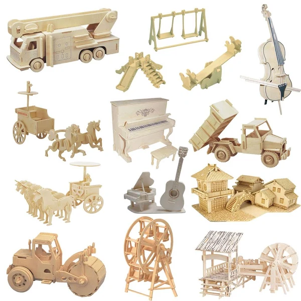 Natural Maxbell 3D Wooden Puzzles Woodcraft Construction Kit DIY Fire Engine Puzzles Kids Toy Gift High-Performance