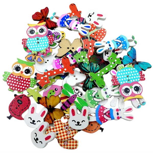 Environmentally Friendly Maxbell Pack of 50 Assorted Animals Wooden Decorative Buttons for Sewing and Crafts Organic