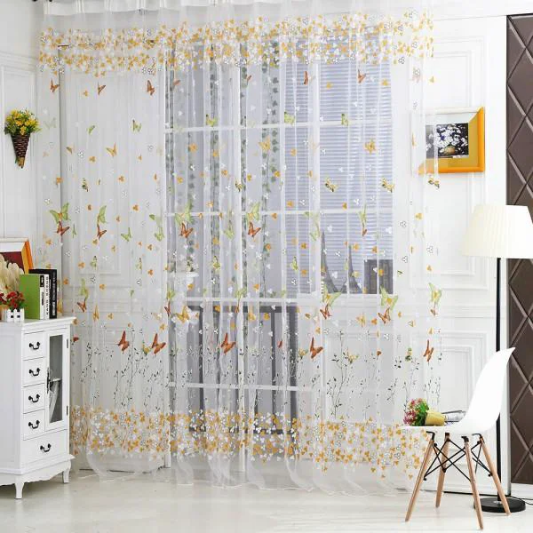 Soft Maxbell Voile Door Window Curtain Drape Sheer Scarf Valance with Rose Buttefly Tulle Print 1x2M Convenient
