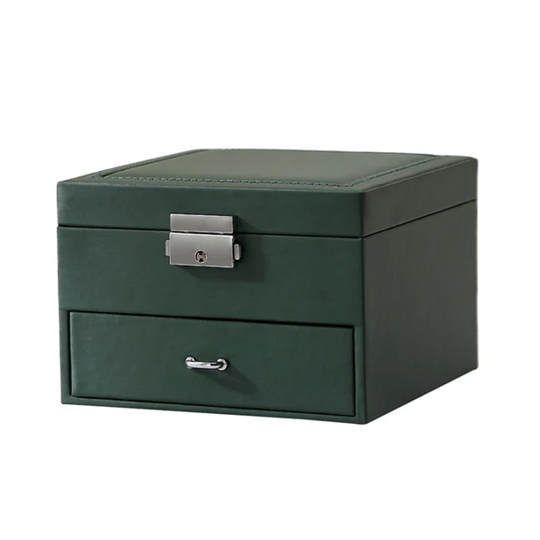 Minimalist Maxbell Jewellery Box Organiser Locking Double Layer PU Leather Jewelry Case Green Professional