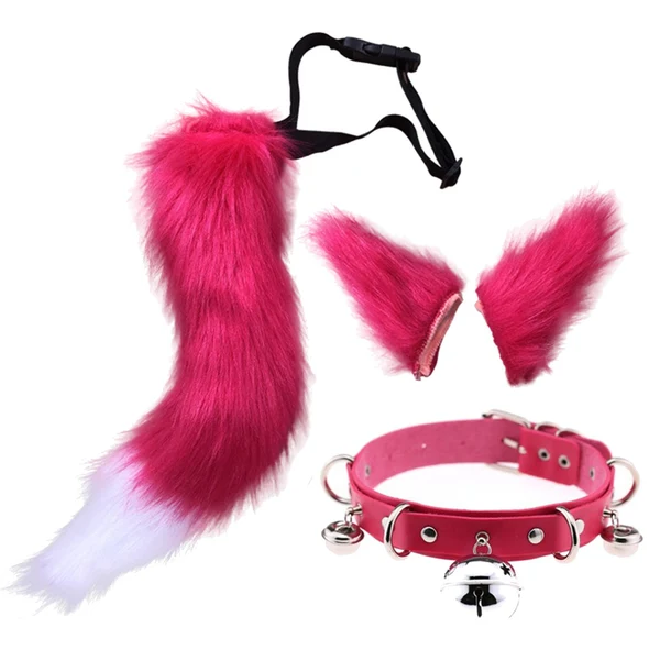 Smooth Maxbell Faux Fur Ears and Tail Set Cosplay Costume Headpiece Plush for Stage Shows Rose Red High-Performance