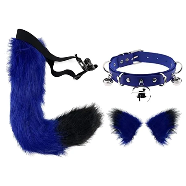 Reliable Maxbell Faux Fur Ears and Tail Set Cosplay Costume Headpiece Plush for Stage Shows Blue Black Original Design
