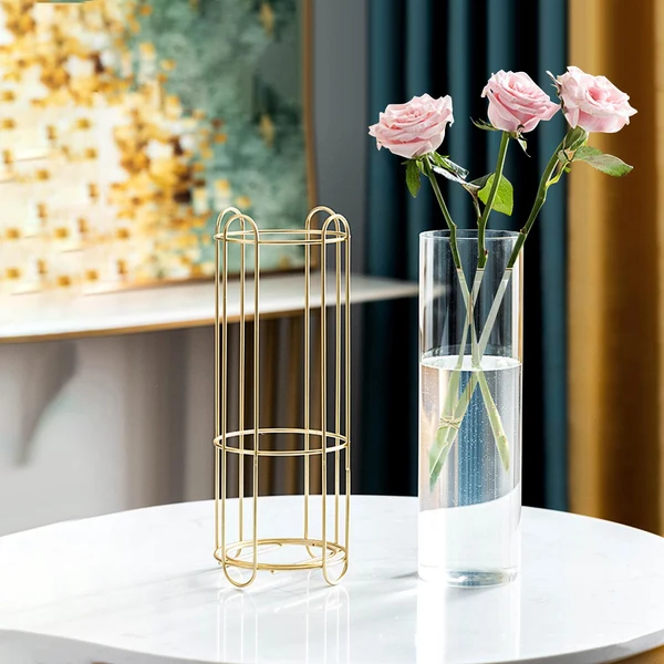 Optimized Flower Vase Glass Tube Vase with Metal Rack Stand Desktop Flower Vase Decor Round 23.5x11cm Contemporary