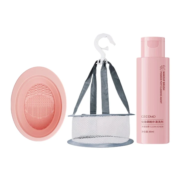 Advanced Maxbell 3Pcs Silicone Makeup Brush Cleaning Mat Set with Net Basket Folding Portable Pink Soft