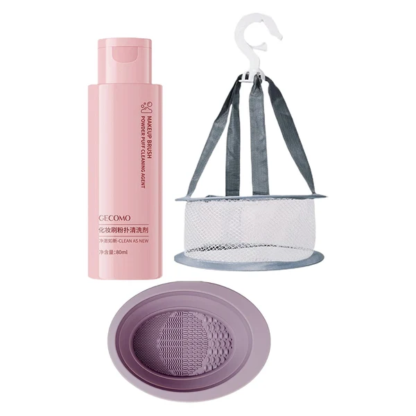 Verified Maxbell 3Pcs Silicone Makeup Brush Cleaning Mat Set with Net Basket Folding Portable Purple Safe