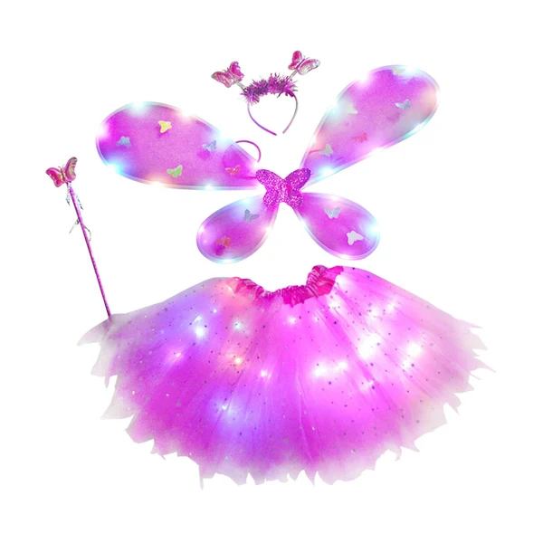 Elite Maxbell 4Pcs Girls Fairy Costume Set Luminous Tutu Skirt Glow Butterfly Wing Wand Rose Red Convenient