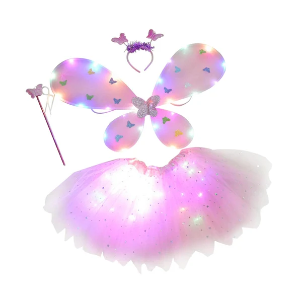 Organic Maxbell 4Pcs Girls Fairy Costume Set Luminous Tutu Skirt Glow Butterfly Wing Wand Pink Functional
