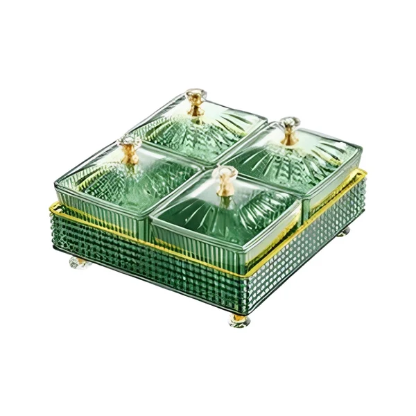 Luxury Maxbell Removable Serving Dishes with Lid Fruit Plate for Candy Snacks Chips and Dip Green 4 Grids Professional