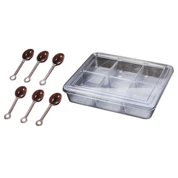 Classic Maxbell Seasoning Spices Box with Cover and Spoon Stackable Multiuse Snacks Container 6 Grids PC Natural