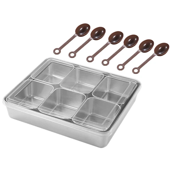 Optimized Maxbell Seasoning Spices Box with Cover and Spoon Stackable Multiuse Snacks Container 6 Grids Stainless Fine Crafted