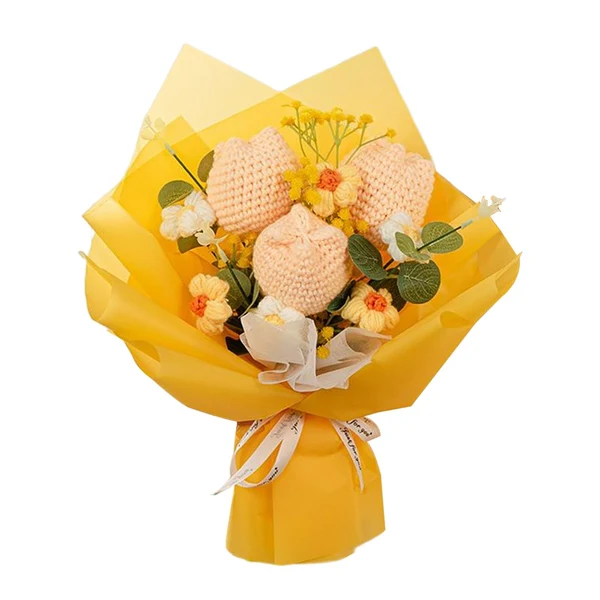 Eco-Friendly Maxbell Crochet Flower Bouquet Tulips Artificial Flowers for Home Thanksgiving Party Yellow Elegant
