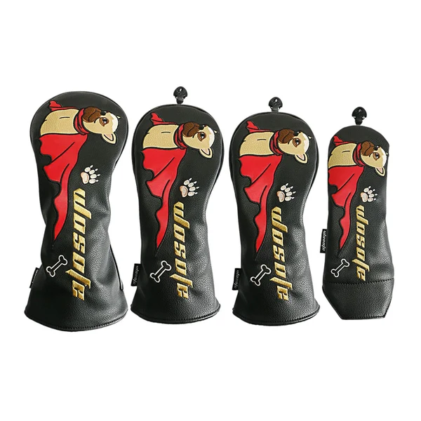 Smooth 4Pcs PU Golf Club Head Covers Wood Headcover with Interchangeable Tag Guard Dog Black Quality