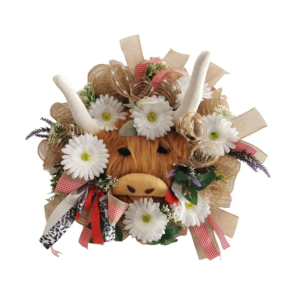 World-Class Maxbell Spring Summer Highland Cattle Wreaths Front Door Wreath 50cm Home Decoration Specialty