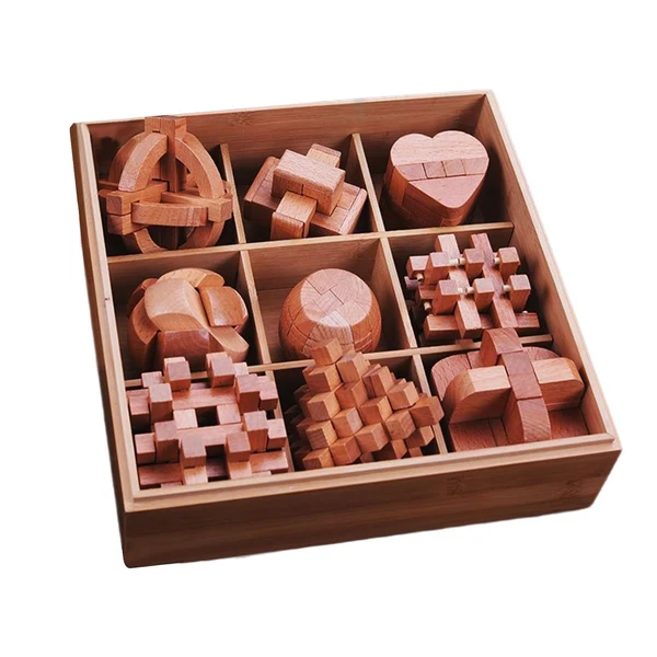 Professional Maxbell Wooden Puzzle Brain Teaser for Educational Gift Adults and Kids Party Favors 9pcs Adult Detailed