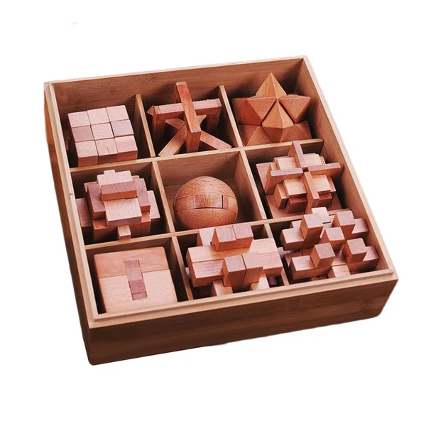 High-End Maxbell Wooden Puzzle Brain Teaser for Educational Gift Adults and Kids Party Favors 9pcs Advanced Casual