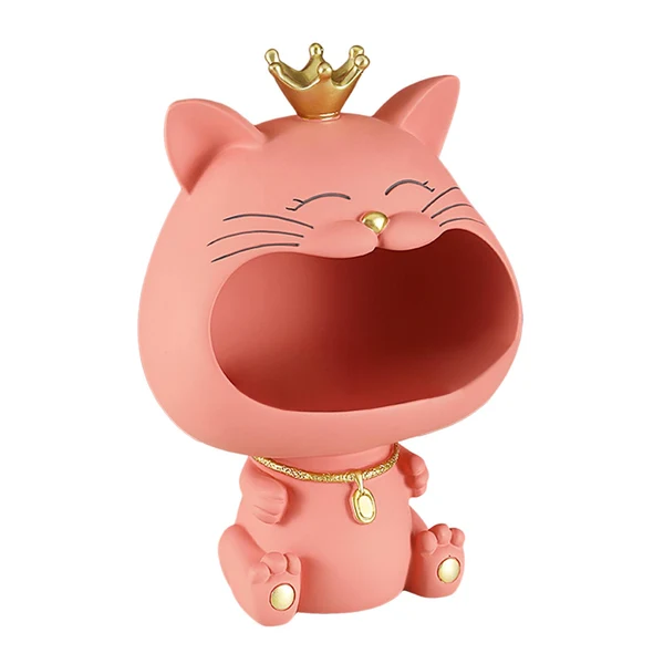 Official Maxbell Key Bowl Resin Cat Figurine Sculpture Big Mouth Animal Bowl Lucky Cat Statue Pink Outstanding