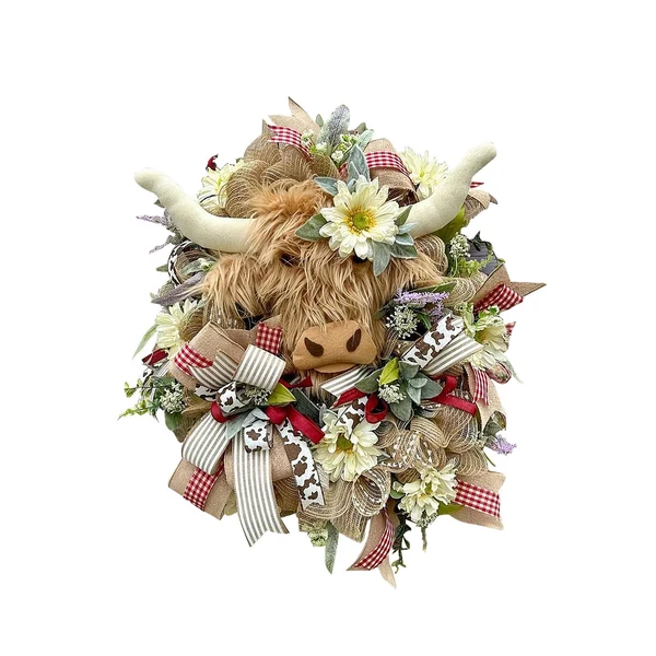 Recyclable Maxbell Highland Cattle Spring Wreath Front Door Wreath 40cm Accessories Handcrafted Practical