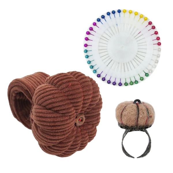 Natural Maxbell Wrist Pincushion Kit Pumpkin Shaped for Needlework Embroidery Craft Projects Brown Functional