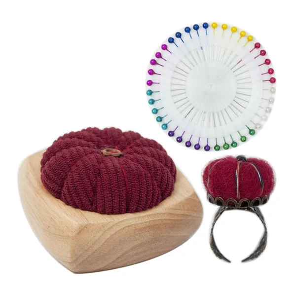 Minimalist Maxbell Pincushion Kit Durable Pumpkin Shaped for Quilting Embroidery Craft Projects Dark Red Natural
