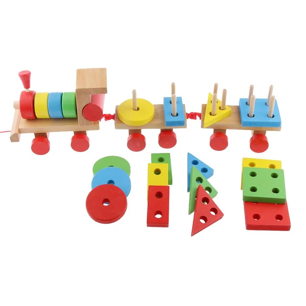 Verified Maxbell Multi Geometric Figures Wooden Train Toy Set with Multi Colors for Kids High-End