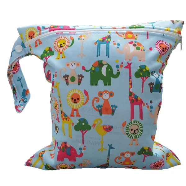 Elite Maxbell Baby Infants Wet Diaper Nappy Storage Waterproof Zippered Reusable Tote Style Bag Multi Animal Print Handbag Light Blue Reliable