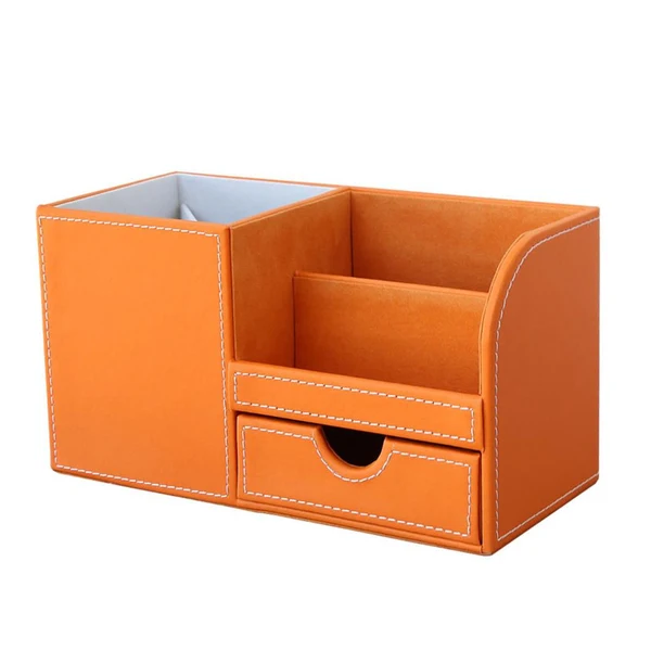 Top-Quality Maxbell Multifunctional leather pen holder fashion desktop storage box Orange Genuine