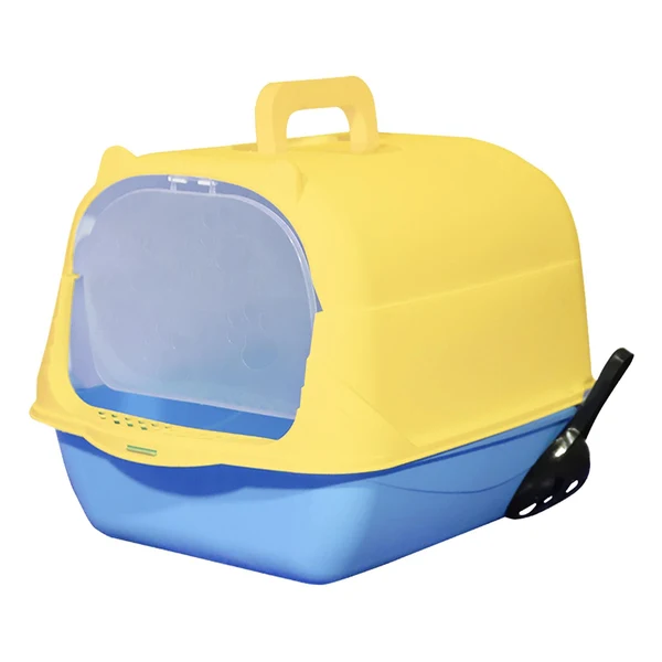 Comfortable Maxbell Hooded Cat Litter Box Enclosed and Covered Cat Toilet Durable Pet Litter Box Handheld Blue Yellow High-Grade