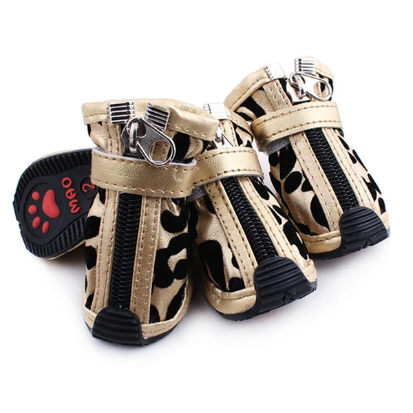 Contemporary Maxbell Set of 4pcs Golden Leopard Style PU Leather Shoes Boots for Pet Dogs Size 5 Exceptional