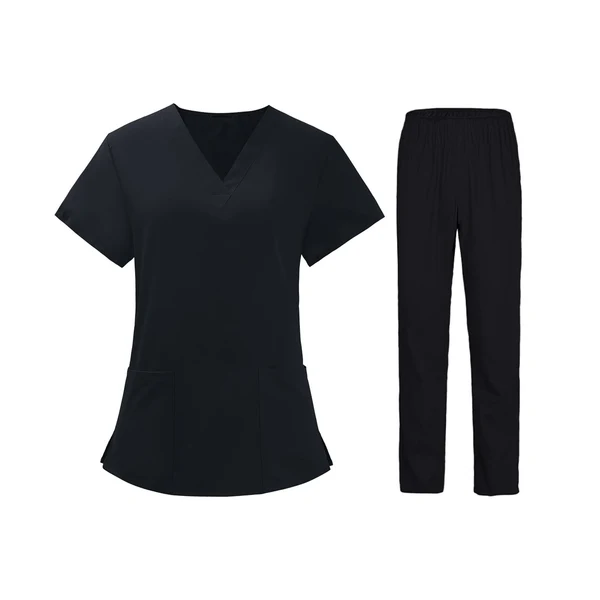 High-End Maxbell Women Nurse Uniform Short Sleeved Top and Pants for Beauty Salon Workwear XXL Black Relaxed