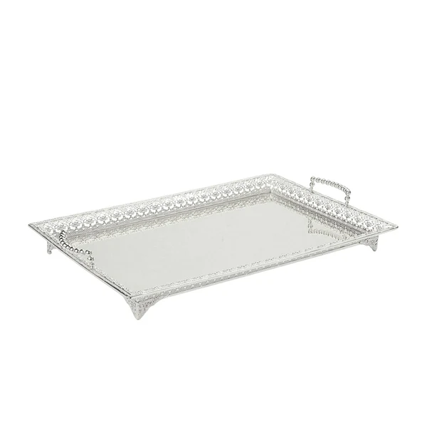 Premium Maxbell Metal Iron Food Serving Tray with Handles for Home Party Elegant Retro Style Argent Clean